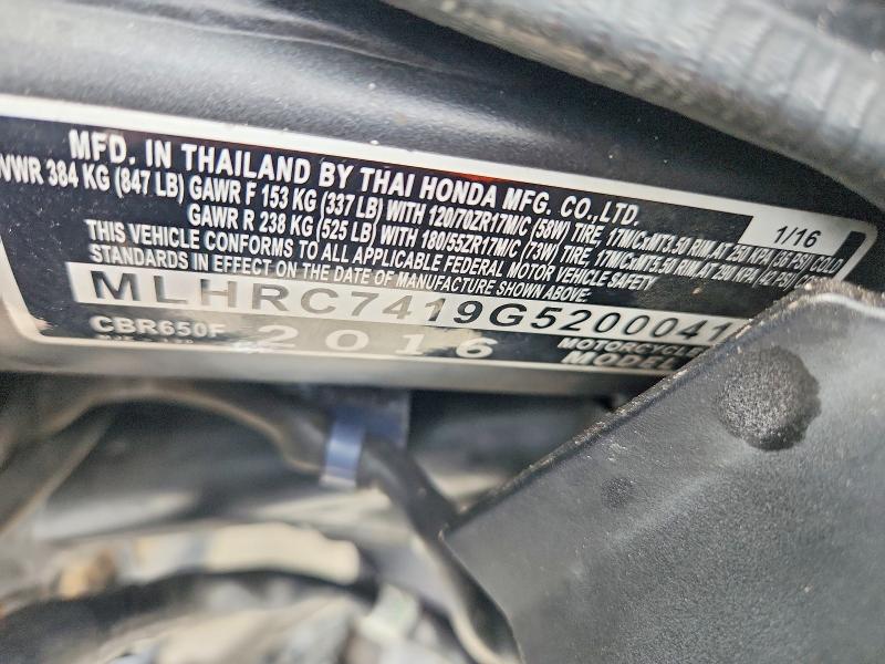 2016 Honda Cbr VIN MLHRC7419G5200041 COPART salvage auction — FRONT END, Fl - Cert Of Title Slvg Rebuildable, sold $250 on 2026-07-09 (photo 9)