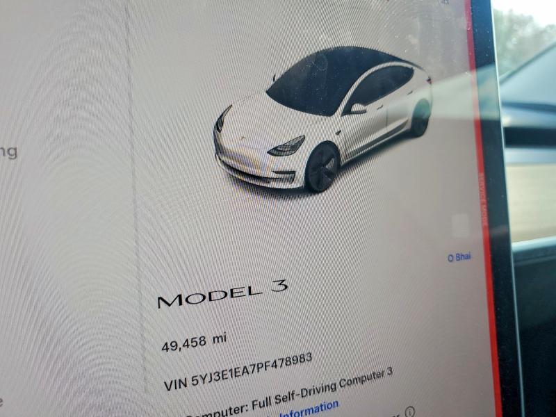2023 Tesla Model 3 VIN 5YJ3E1EA7PF478983 COPART salvage auction — FRONT END, Nj - Cert Of Title-Salvage, sold $7,700 on 2026-07-22 (photo 9)
