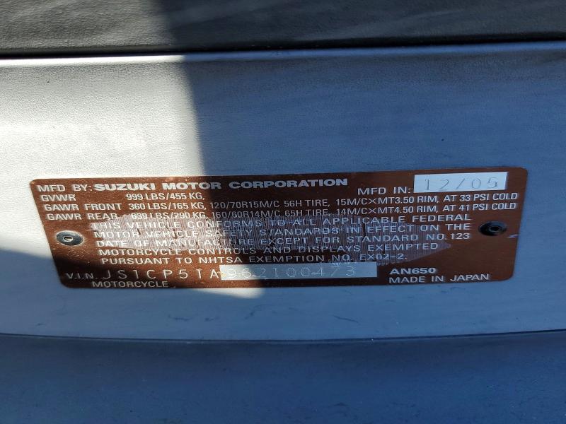 2006 Suzuki An650 VIN JS1CP51A962100473 COPART salvage auction — MINOR DENT/SCRATCHES, WA - AFF OF LOSS/REL OF INTEREST, sold $450 on 2026-07-15 (photo 9)