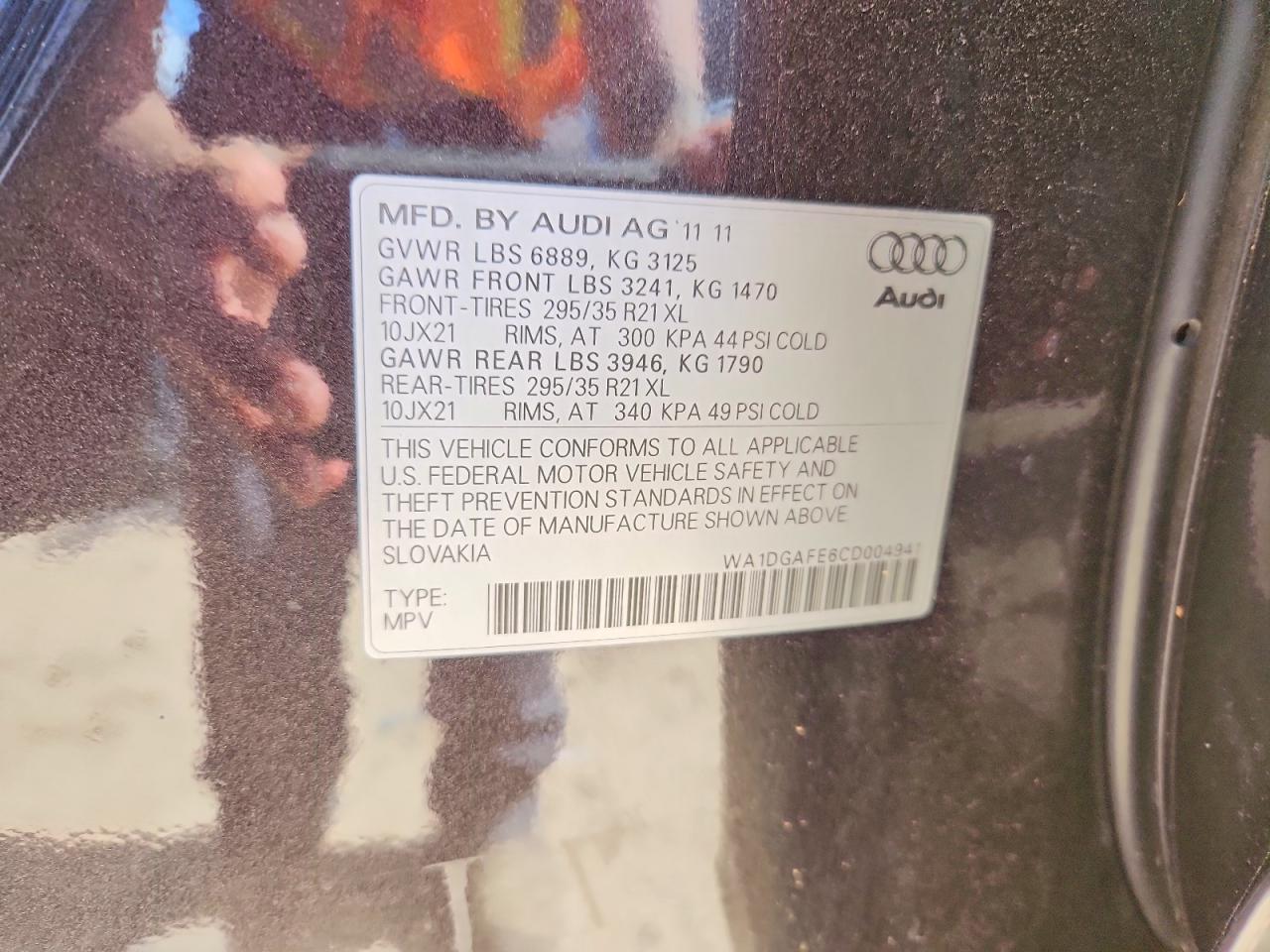 2012 Audi Q7 VIN WA1DGAFE6CD004941 COPART salvage auction — FRONT END, Mt - Certificate Of Title, sold $775 on 2026-07-09 (photo 4)