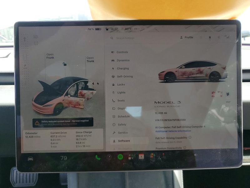 2025 Tesla Model 3 VIN 5YJ3E1EA7SF062599 COPART salvage auction — FRONT END, Ca - Salvage Certificate, sold $11,700 on 2026-07-30 (photo 9)