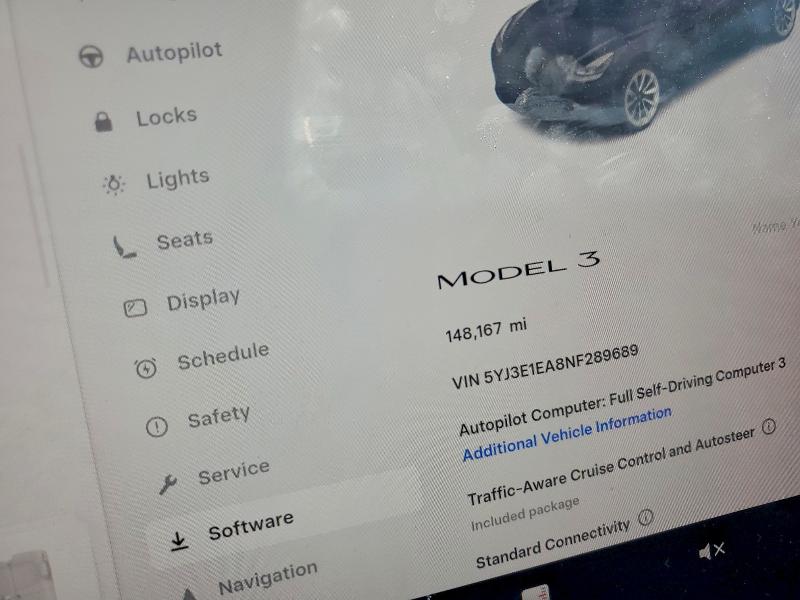 2022 Tesla Model 3 VIN 5YJ3E1EA8NF289689 COPART salvage auction — FRONT END, CA - SALVAGE CERTIFICATE, sold $3,100 on 2026-07-28 (photo 9)