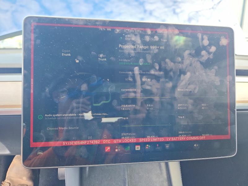 2022 Tesla VIN 5YJ3E1EB4NF274762 COPART salvage auction — FRONT END, Fl - Cert Of Title Slvg Rebuildable, sold $7,300 on 2026-07-13 (photo 9)