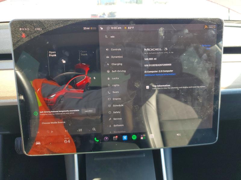 2019 Tesla VIN 5YJ3E1EA2KF298965 COPART salvage auction — FRONT END, CA - SALVAGE CERTIFICATE, sold $4,550 on 2026-07-31 (photo 9)