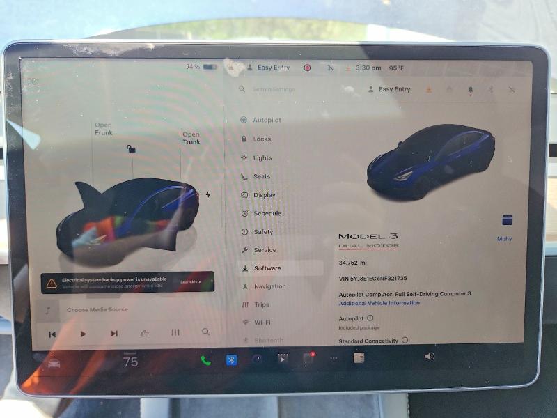 2022 Tesla Model 3 VIN 5YJ3E1EC6NF321735 COPART salvage auction — FRONT END, WV - CERTIFICATE OF TITLE, sold $12,900 on 2026-07-14 (photo 9)