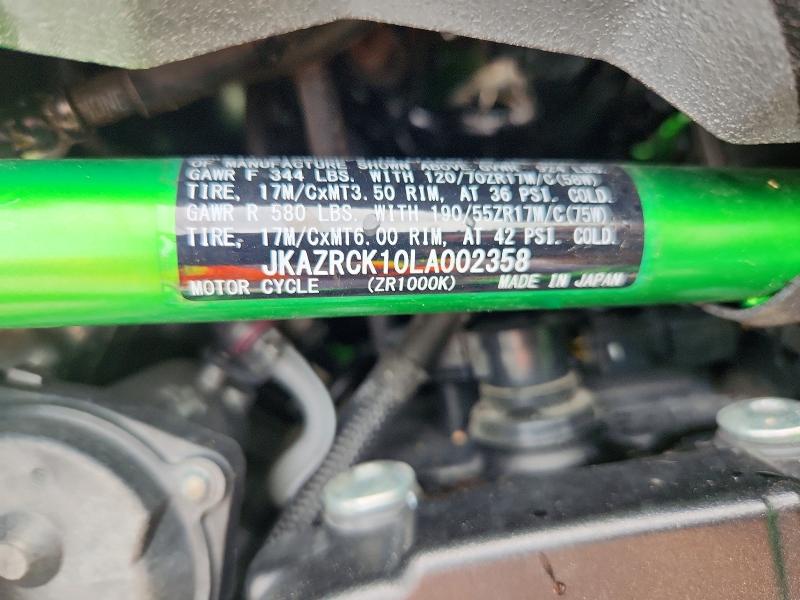 2020 Kawasaki Zr VIN JKAZRCK10LA002358 COPART salvage auction — SIDE, Tx - Salvage Vehicle Title, sold $5,800 on 2026-07-09 (photo 8)
