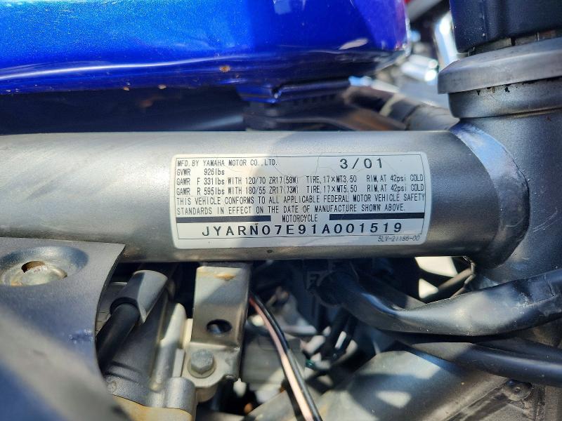 2001 Yamaha Fzs10 VIN JYARN07E91A001519 COPART salvage auction — SIDE, Tn - Salvage Certificate, sold $275 on 2026-07-09 (photo 9)