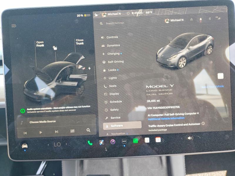 2023 Tesla VIN 7SAYGDEEXPF912756 COPART salvage auction — FRONT END, Ca - Salvage Certificate, sold $8,000 on 2026-07-27 (photo 9)
