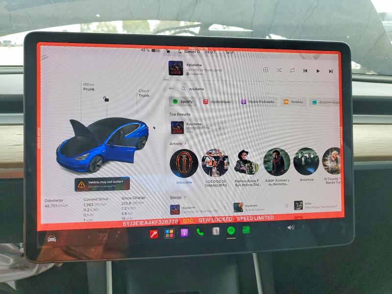 2019 Tesla Model 3 VIN 5YJ3E1EA4KF326328 COPART salvage auction — FRONT END, Ca - Salvage Certificate, sold $5,500 on 2026-07-07 (photo 9)