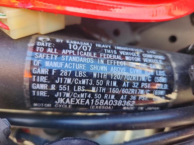 2008 Kawasaki Ex VIN JKAEXEA158A038362 COPART salvage auction — VANDALISM, Co - Public - Salvage Title, sold $600 on 2026-07-27 (photo 8)