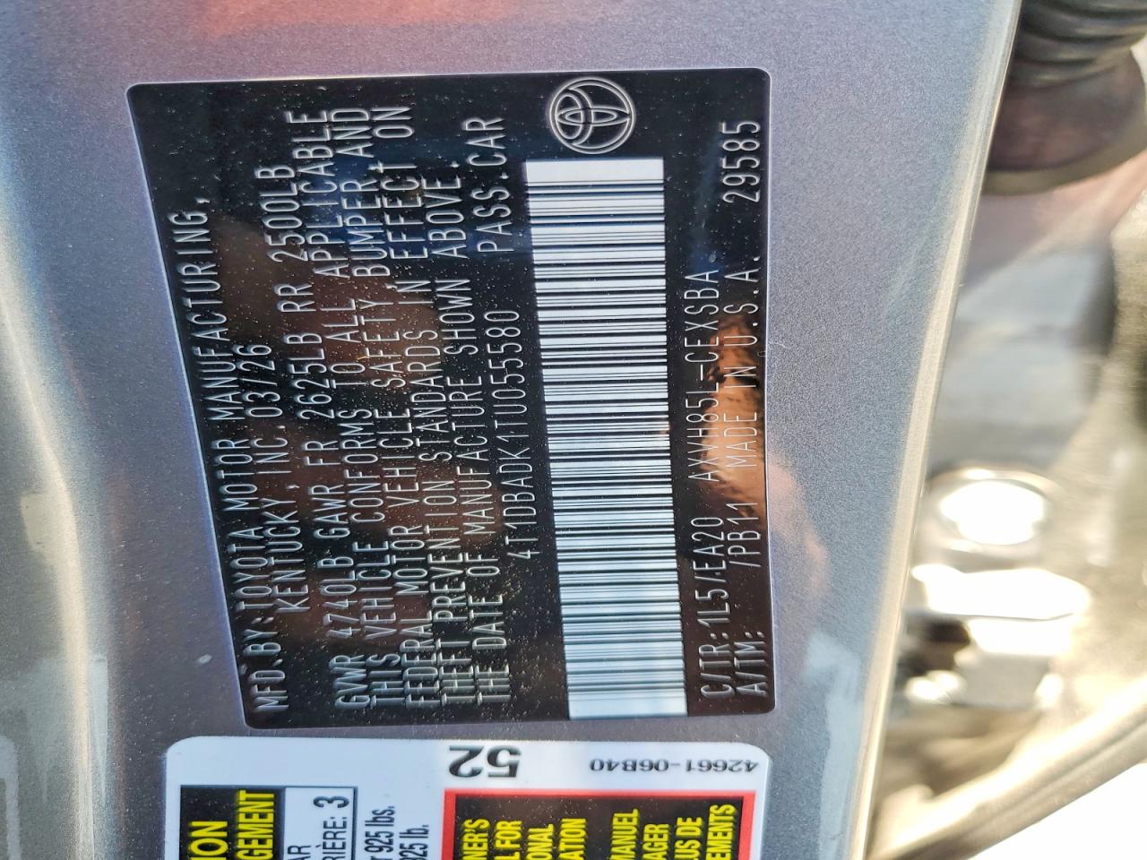 2026 Toyota Camry VIN 4T1DBADK1TU055580 COPART salvage auction — REAR END, Nv - Salvage Title, sold $8,700 on 2026-07-30 (photo 5)
