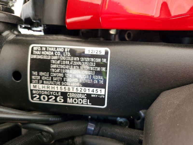 2026 Honda Cbr VIN MLHRH1558T5201451 COPART salvage auction — SIDE, Tx - Salvage Vehicle Title, sold $1,450 on 2026-07-30 (photo 9)