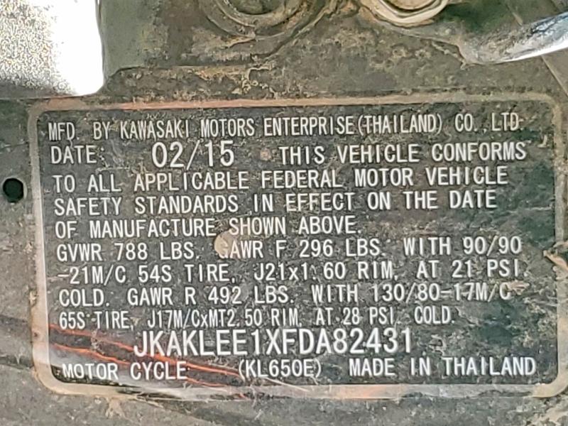 2015 Kawasaki Kl650 VIN JKAKLEE1XFDA82431 COPART salvage auction — FRONT END, Az - Certificate Of Title, sold $750 on 2026-07-13 (photo 8)
