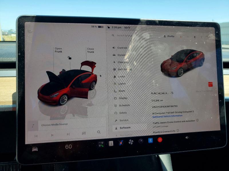 2022 Tesla Model 3 VIN 5YJ3E1EA3NF186793 COPART salvage auction — MECHANICAL, CA - CERTIFICATE OF TITLE, sold $6,600 on 2026-07-08 (photo 9)