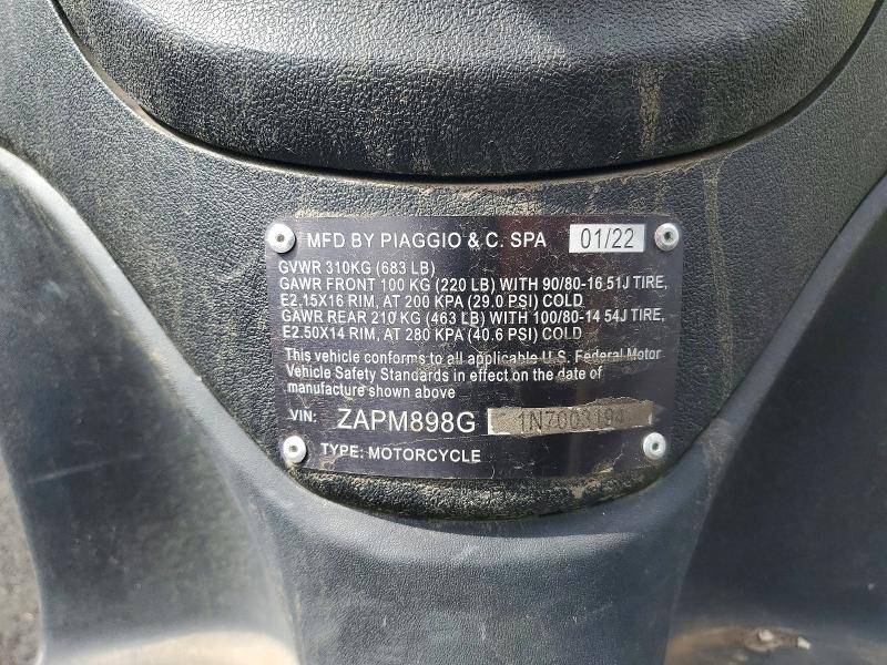 2022 Piaggio VIN ZAPM898G1N7003194 COPART salvage auction — FRONT END, Or - Salvage Title Certificate, sold $80 on 2026-07-09 (photo 8)