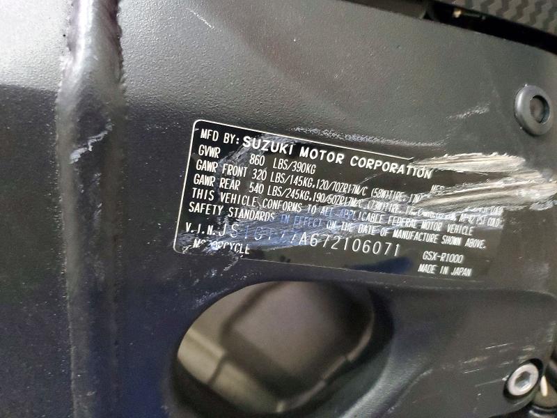 2007 Suzuki Gsx-r1000 VIN JS1GT77A672106071 COPART salvage auction — ROLLOVER, KY - BILL OF SALE/PART ONLY/NO TITL, sold $2,900 on 2026-07-15 (photo 9)
