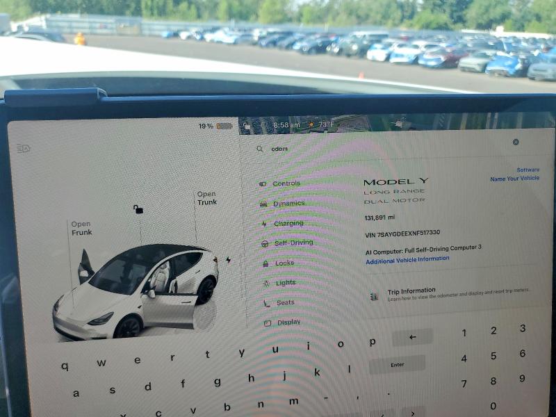 2022 Tesla VIN 7SAYGDEEXNF517330 COPART salvage auction — FRONT END, Or - Salvage Title Certificate, sold $125 on 2026-07-29 (photo 9)
