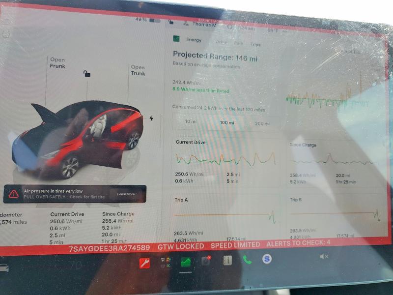 2024 Tesla Model y VIN 7SAYGDEE3RA274589 COPART salvage auction — FRONT END, Nj - Cert Of Title-Salvage, sold $12,000 on 2026-07-31 (photo 9)
