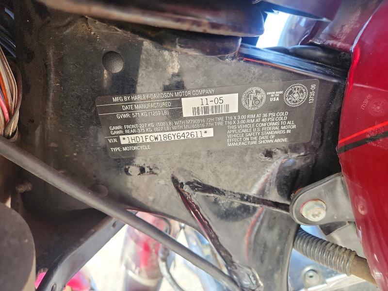 2006 Harley-davidson Flhtcui VIN 1HD1FCW186Y642611 COPART salvage auction — FRONT END, La - Cert Of Title-Salvage, sold $575 on 2026-07-02 (photo 9)