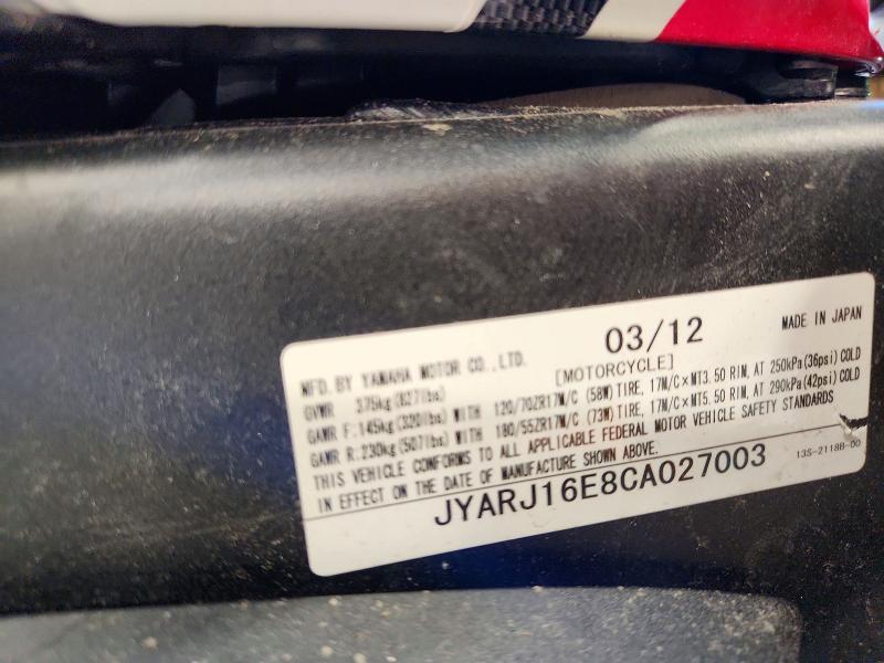 2012 Yamaha Yzf VIN JYARJ16E8CA027003 COPART salvage auction — FRONT END, Vt - Cert Of Title-Salvage Vehicle, sold $1,100 on 2026-07-23 (photo 9)