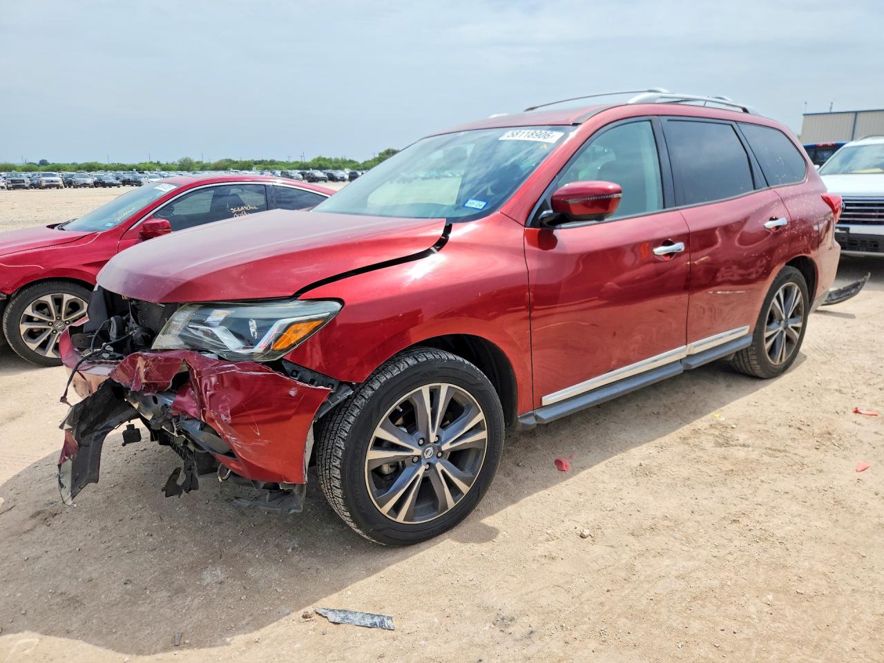 2018 Nissan Pathfinder VIN 5N1DR2MM5JC673877 COPART salvage auction — Front End, TX - SALVAGE VEHICLE TITLE, sold $4,250 on 2026-07-09 (photo 1)