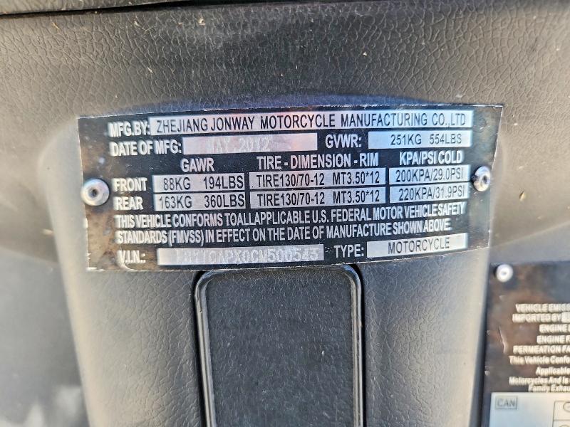 2012 Jmstar Other VIN L8YTCAPX0CM500543 COPART salvage auction — STRIPPED, TN - SALVAGE CERTIFICATE, sold $125 on 2026-07-27 (photo 8)