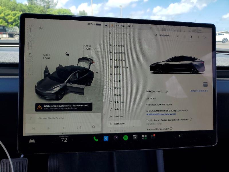 2024 Tesla Model 3 VIN 5YJ3E1EA5RF870296 COPART salvage auction — SIDE, FL - CERT OF TITLE SLVG REBUILDABLE, sold $6,900 on 2026-07-22 (photo 9)