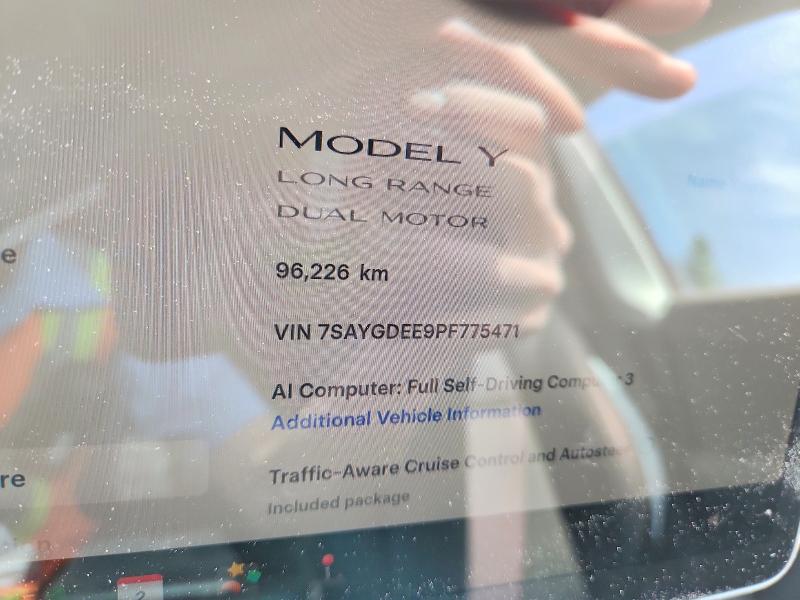 2023 Tesla Mdl y VIN 7SAYGDEE9PF775471 COPART salvage auction — FRONT END, ON - PERMIT NO BRAND - UNFIT, sold $6,100 on 2026-07-21 (photo 9)