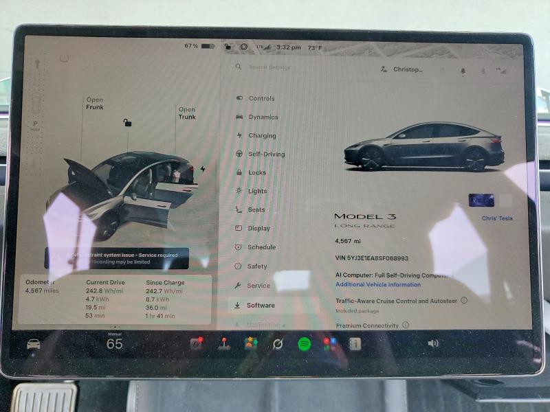 2025 Tesla Model 3 VIN 5YJ3E1EA8SF068993 COPART salvage auction — FRONT END, Ca - Salvage Certificate, sold $12,200 on 2026-07-27 (photo 9)