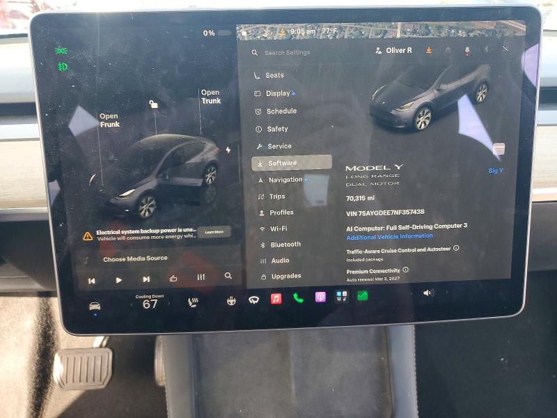 2022 Tesla Model y VIN 7SAYGDEE7NF357438 COPART salvage auction — FRONT END, Pa - Certificate Of Salvage, sold $7,000 on 2026-07-24 (photo 9)