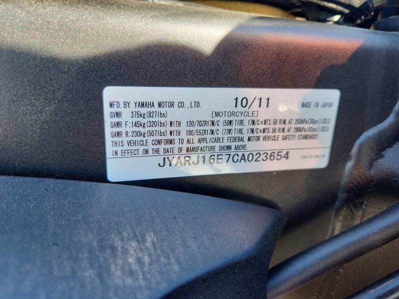 2012 Yamaha Yzf VIN JYARJ16E7CA023654 COPART salvage auction — SIDE, Il - Salvage Certificate, sold $2,450 on 2026-07-30 (photo 9)