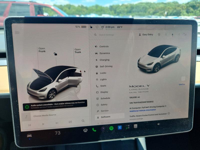 2022 Tesla Model y VIN 7SAYGAEE8NF393802 COPART salvage auction — FRONT END, Ga - Cert Of Title-Salvage, sold $400 on 2026-07-21 (photo 9)