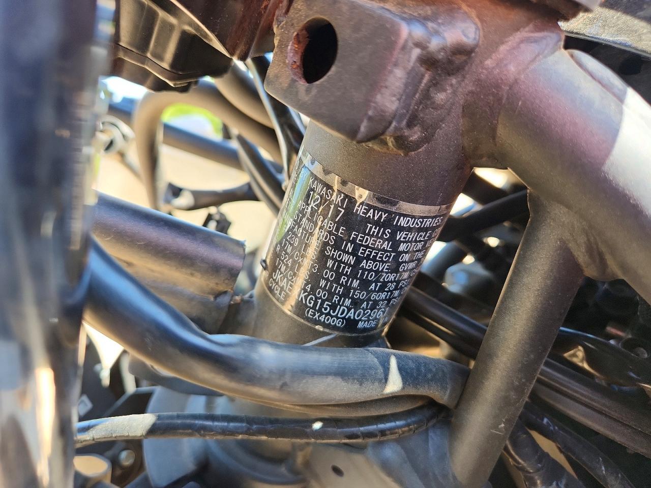 2018 Kawasaki EX400 VIN JKAEXKG15JDA02961 COPART salvage auction — Front End, NC - SALVAGE CERTIFICATE OF TITLE, sold $725 on 2026-07-09 (photo 9)