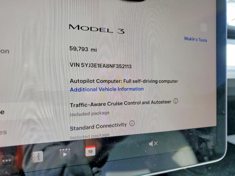 2022 Tesla Model 3 VIN 5YJ3E1EA8NF352113 COPART salvage auction — FRONT END, CA - SALVAGE CERTIFICATE, sold $325 on 2026-08-03 (photo 9)