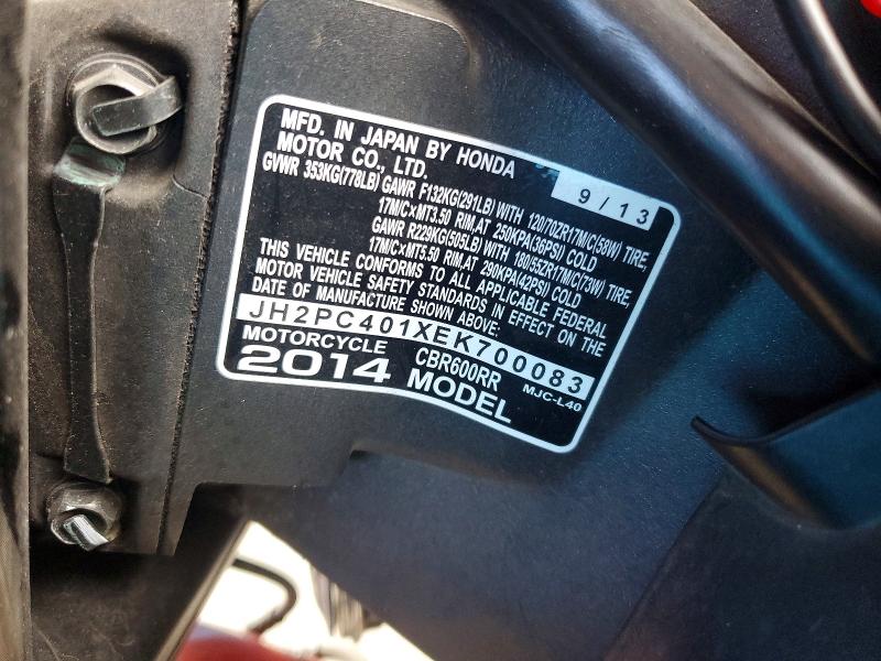 2014 Honda Cbr VIN JH2PC401XEK700083 COPART salvage auction — ROLLOVER, Ca - Salvage Certificate, sold $1,950 on 2026-07-16 (photo 9)