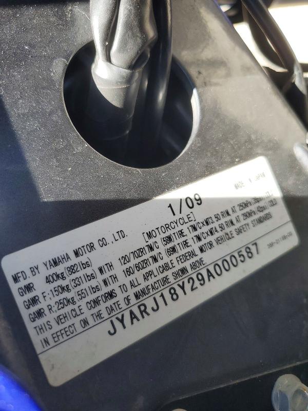 2009 Yamaha Fz6 VIN JYARJ18Y29A000587 COPART salvage auction — SIDE, Ca - Salvage Certificate, sold $850 on 2026-07-16 (photo 9)
