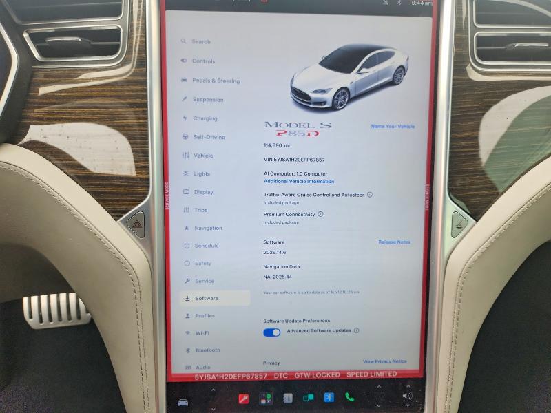 2014 Tesla Model s VIN 5YJSA1H20EFP67857 COPART salvage auction — WATER/FLOOD, TX - SALVAGE TITLE-FLOOD DAMAGE, sold $825 on 2026-07-24 (photo 9)