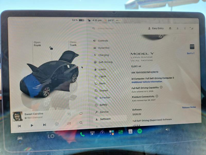 2022 Tesla Model y VIN 7SAYGDEE1NF425670 COPART salvage auction — FRONT END, Ca - Salvage Certificate, sold $12,900 on 2026-07-31 (photo 9)