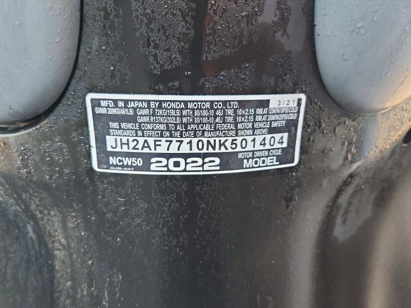 2022 Honda Ncw50 VIN JH2AF7710NK501404 COPART salvage auction — BURN, Wv - Salvage Certificate Fire, sold $90 on 2026-07-21 (photo 9)