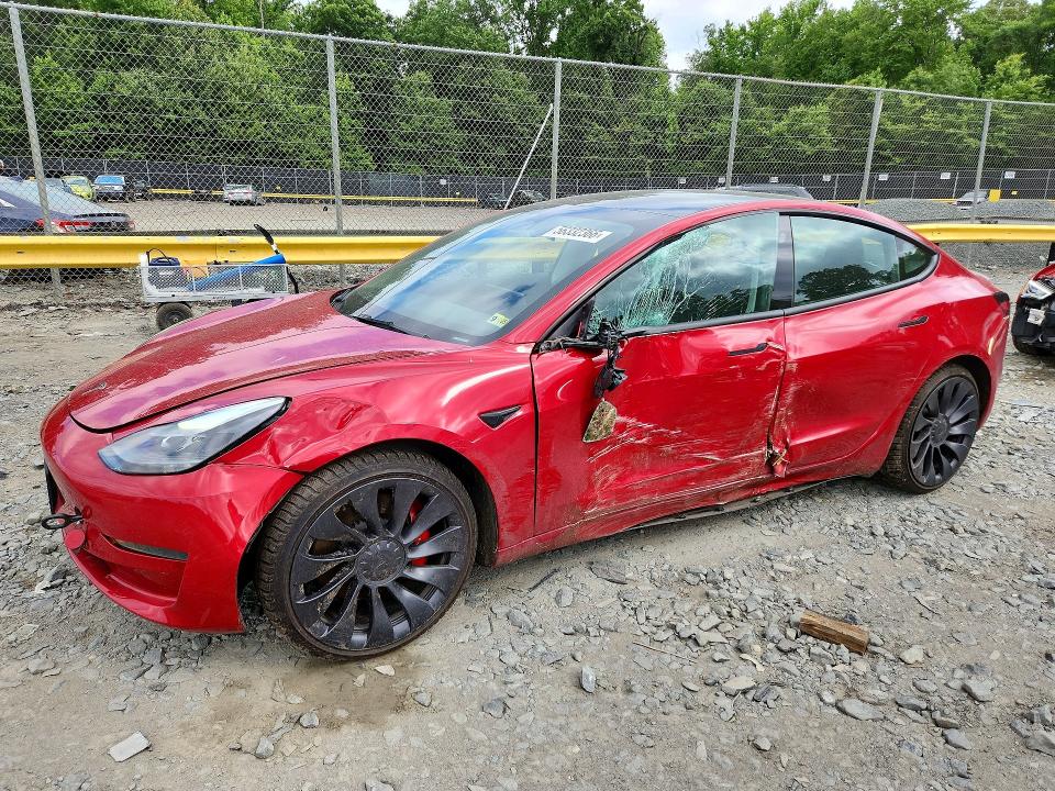 2023 Tesla VIN 5YJ3E1EC8PF672357 COPART salvage auction — FRONT END, Md - Cert Of Salvage > 75% Damage, sold $9,300 on 2026-07-10 (photo 1)