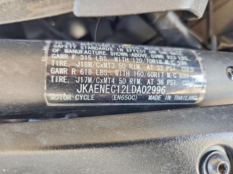 2020 Kawasaki VIN JKAENEC12LDA02996 COPART salvage auction — SIDE, TX - SALVAGE VEHICLE TITLE, sold $100 on 2026-07-30 (photo 9)