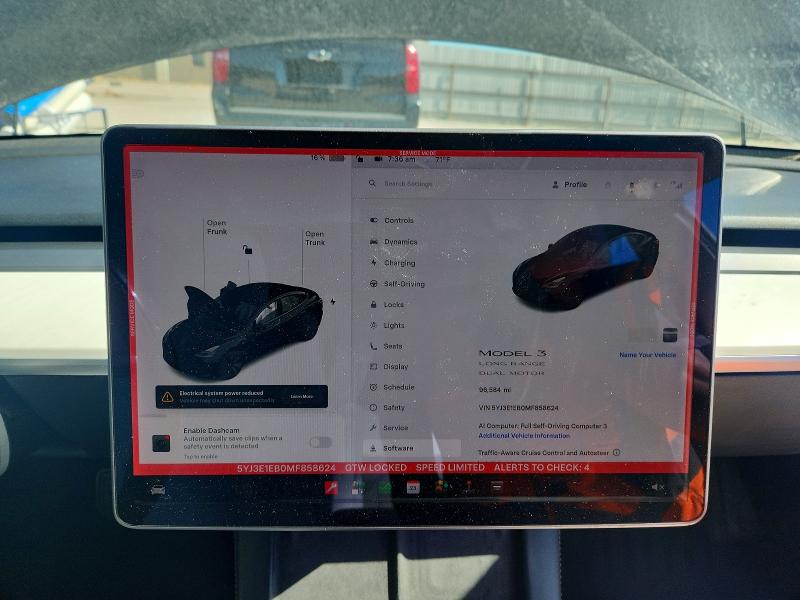 2021 Tesla VIN 5YJ3E1EB0MF858624 COPART salvage auction — SIDE, In - Cert Of Title-Salvage Title, sold $150 on 2026-07-21 (photo 9)