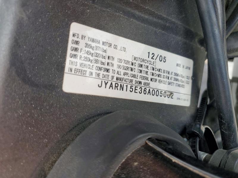 2006 Yamaha Yzf VIN JYARN15E36A005002 COPART salvage auction — SIDE, Tx - Salvage Vehicle Title, sold $2,750 on 2026-07-02 (photo 9)