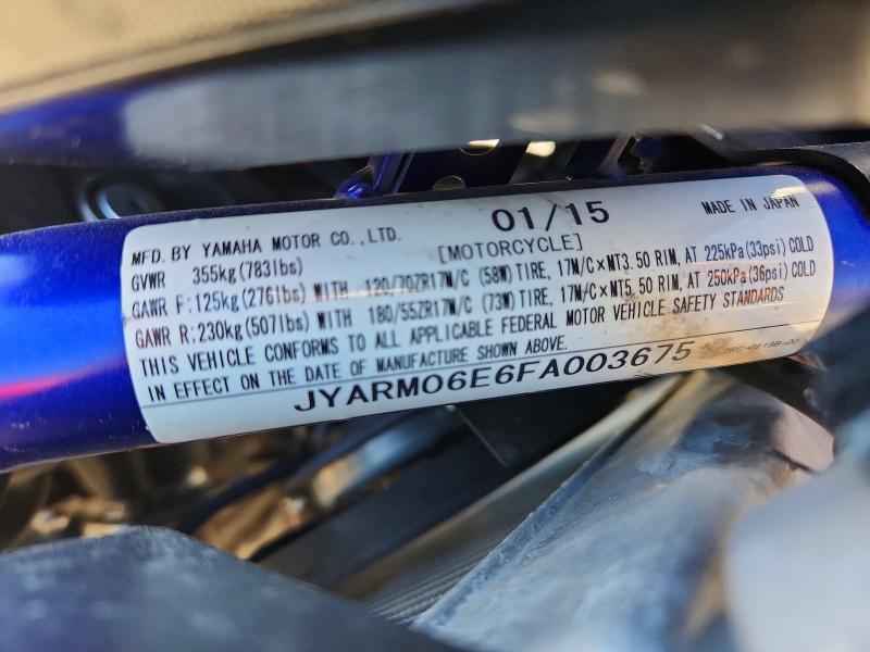 2015 Yamaha Fz VIN JYARM06E6FA003675 COPART salvage auction — FRONT END, Pa - Certificate Of Salvage, sold $1,750 on 2026-07-02 (photo 9)