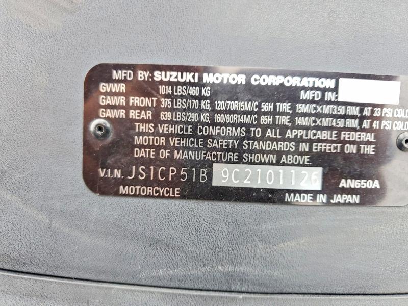 2012 Suzuki VIN JS1CP51B9C2101126 COPART salvage auction — FRONT END, Pa - Certificate Of Salvage, sold $650 on 2026-07-02 (photo 9)