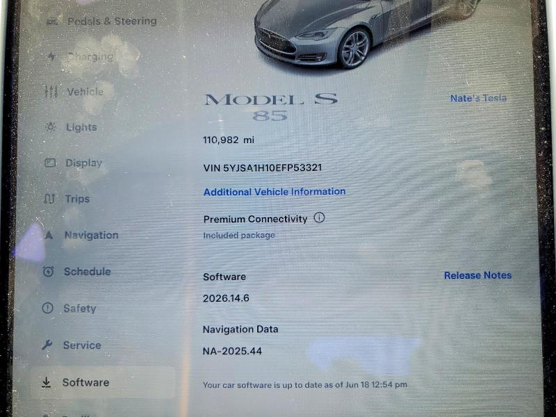 2014 Tesla VIN 5YJSA1H10EFP53321 COPART salvage auction — FRONT END, Md - Cert Of Salvage > 75% Damage, sold $1,950 on 2026-07-09 (photo 9)
