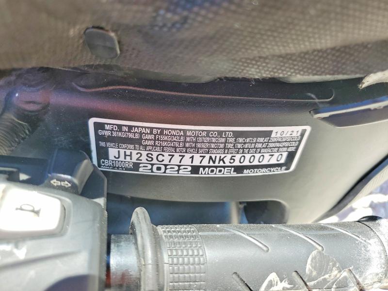2022 Honda Cbr VIN JH2SC7717NK500070 COPART salvage auction — ROLLOVER, Fl - Certificate Of Destruction, sold $2,950 on 2026-07-10 (photo 9)
