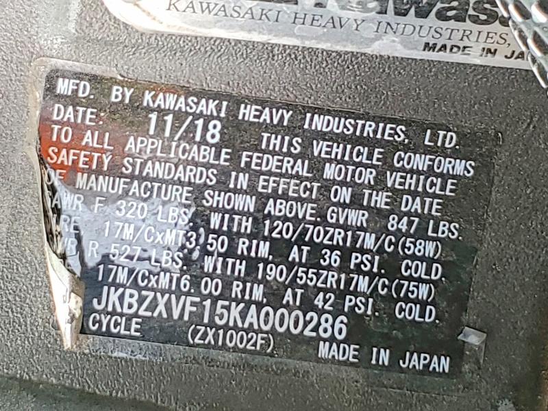 2019 Kawasaki VIN JKBZXVF15KA000286 COPART salvage auction — SIDE, Ca - Salvage Certificate, sold $4,050 on 2026-07-22 (photo 9)