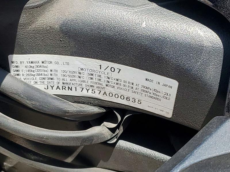 2007 Yamaha Fz1 VIN JYARN17Y57A000635 COPART salvage auction — SIDE, AZ - CERT OF TITLE - SALVAGE, sold $25 on 2026-07-09 (photo 9)