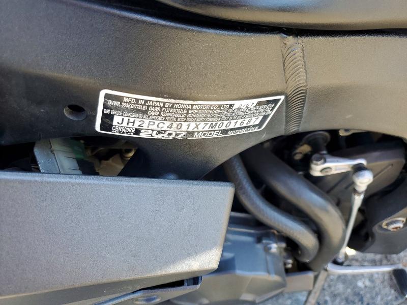 2007 Honda Cbr600 VIN JH2PC401X7M001687 COPART salvage auction — FRONT END, CA - SALVAGE CERTIFICATE, sold $1,600 on 2026-07-02 (photo 9)